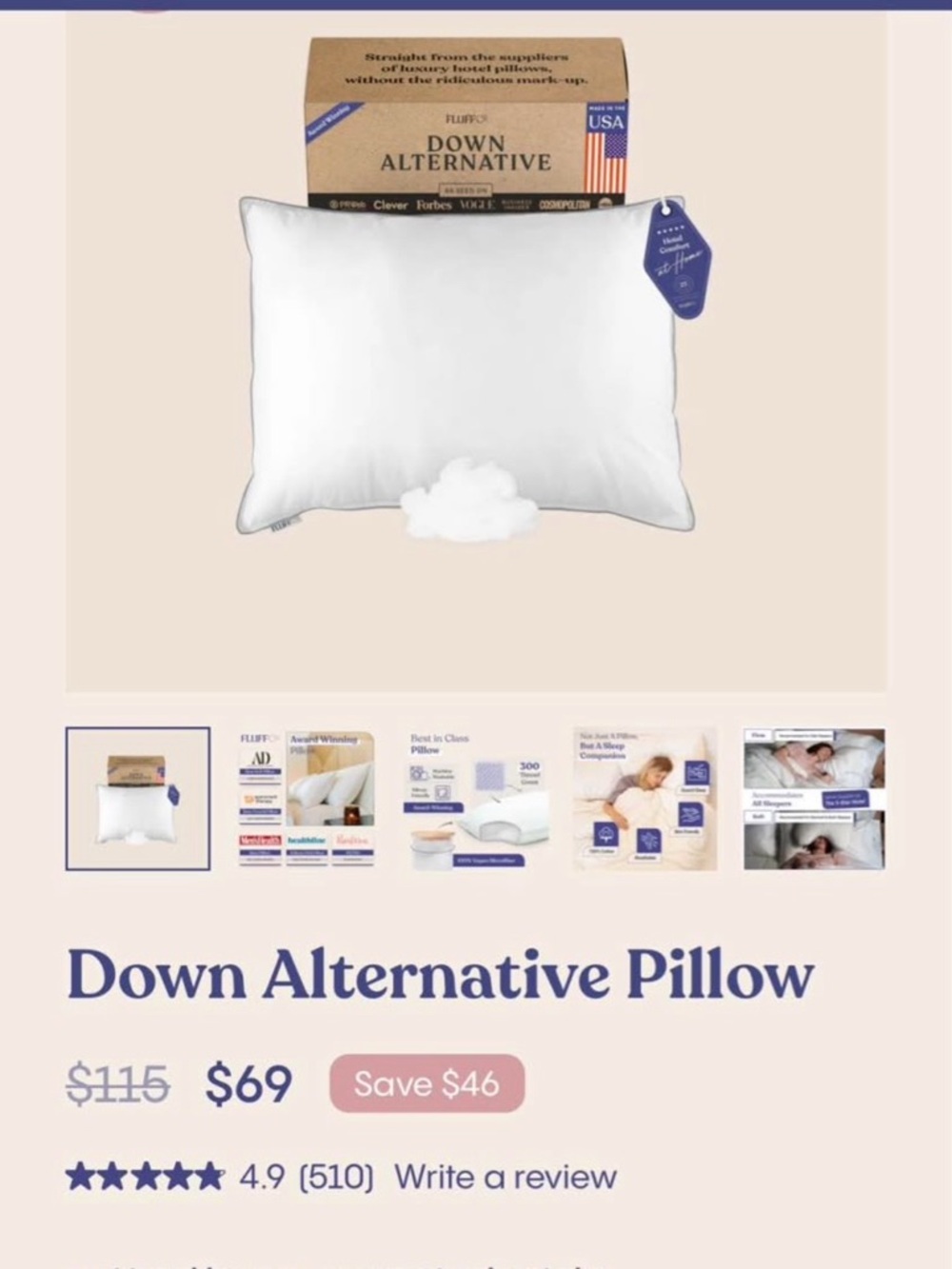 FluffCo White Down Alternative Pillow